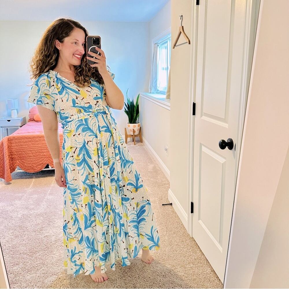 Tuckernuck Soler Yellow Blue Linen Floral Maxi Dress XS/S